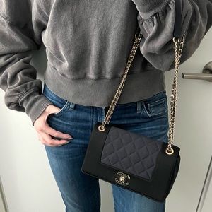 Chanel Mademoiselle Classic Quilted Satin Grosgrain Small Crossbody Flap Bag